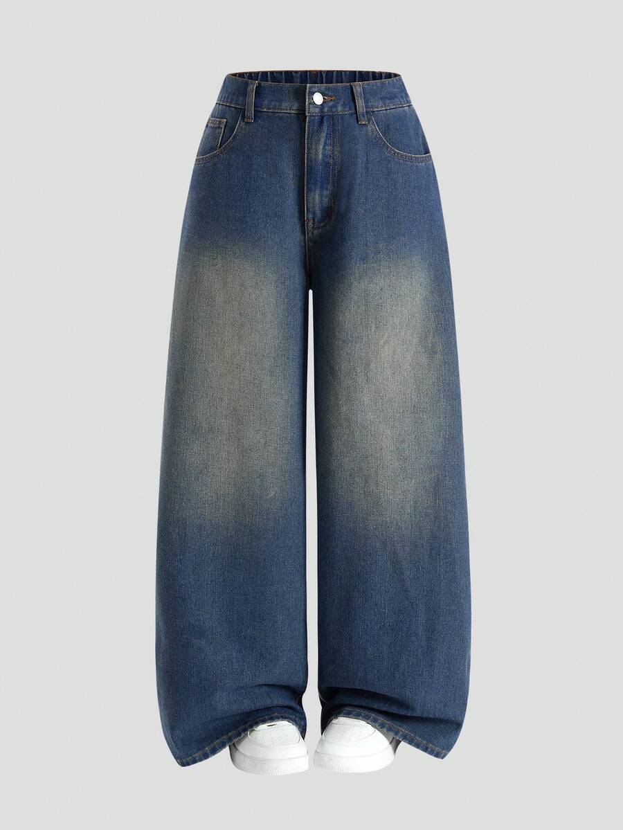 SHEIN MOD Women's Casual Washed High Waist Wide Leg Casual Jeans Summer Jeans Spring Women Beach Pants Women's Loose Fit Wide Leg Denim Jeans Vintage Wash High Waisted Casual Trousers - Dark Wash - View 1