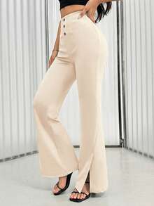 SHEIN Unity Women's Casual High Waist Split Hem Solid Color Pants - Apricot - View 3