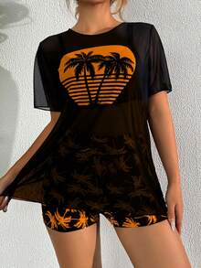 Swim Lushoire Bộ đồ bơi nữ đi biển in hình cây dừa, gồm áo tay ngắn, áo tankini và quần short. - Nhiều màu - Xem 4