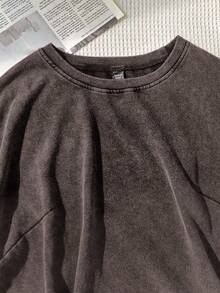 Comfortcana Plus Size Brown Washed Snow Flake Short Sleeve Cotton T-Shirt, Spring - Brown - View 3