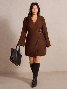 Elaquor Plus Size Solid Color Wrap Dress, Suitable For Commuting Plus Size Brown Dress - Coffee Brown - View 5