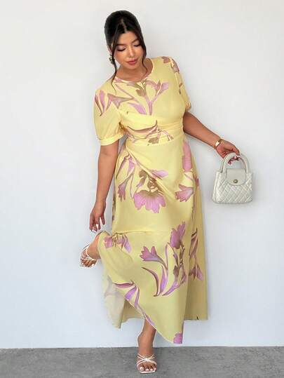 Firerie Elegant Tie-Dye Tie Dye Print Puff Sleeve Maxi Dress, Spring/Summer Yellow Floral Dress Yellow Maxi Dress Women Elegant Floral Dress Women Floral Wedding Guest Dress Spring Casual Vacation Outfit Women Spring Two Piece Dress For Women