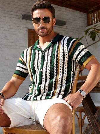 Manfinity CityGents 男士撞色纽扣前开襟休闲度假短袖针织上衣