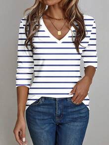 EMERY ROSE 女士V领长袖条纹休闲百搭T恤，春秋季 - 藍色 - 查看 1