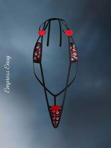 Fantasy Costume 2件套情人节粉色和红色缎面印花连体衣+手杖，女士内衣套装 - 紅色 - 查看 5