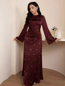 Veilorie 女士圆领喇叭袖水钻装饰褶皱连衣裙，优雅 - 酒紅色 - 查看 5