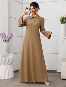 Mulvari Knitted Solid Color Textured Fabric Shirt Collar Button Decor Long Sleeve Loose Elegant Everyday Dress - Brown - View 5
