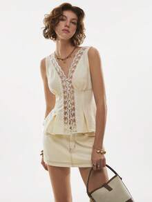 Poéselle Elegant Sleeveless Lace Trim Tank Top In Light Yellow,Cream Lace Deep V Neck Sheer Top - Romantic Sleeveless Camisole Blouse With Floral Details,French Style Top,Sleeveless Embroidered Blouse For Summer, Cottagecore & Vacation Outfits - Light Yellow - View 7