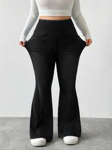 Flexra Quần ống loe dệt kim mài bạc thời trang thường ngày dành cho nữ cỡ lớn - màu đen - Xem 4