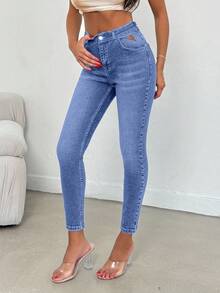 EURMUSE 97 % bomull Högtvättade skinny jeans med jacquerdetaljer - Mediumtvätt - Visa 5