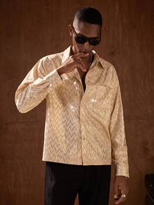 AKNOTIC Men's Turn-Down Collar Single-Breasted Wavy Foil Casual/Business Long Sleeve Shirt Mens Champagne Shirt Bruno Mars Jackpot Mens Sparkly Shirt Sumwon Mens Sequin Shirt Mens Gold Shirt Disco Shirt Men - Gold - View 5