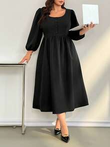 SHEIN Essnce Plus-Size Women's Spring And Autumn Fashion Casual Loose Comfortable Daily V-Neck Textured Fabric Waist Black Long Sleeve Mid-Length Dress With Pockets, Fall Outfits, Church Clothes For Women / Square/ Valentine's Day /Valentine Outfits For Women/Three-Quarter Sleeves, Square Neck, Fitted Waist, A-Line Skirt, Preppy Back-To-School Style Dress/Black A-Line Skirt/Office Commuting