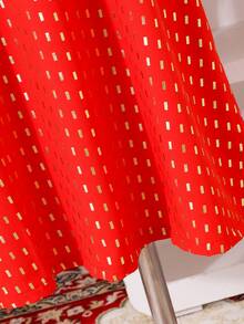 女童红色箔印长袖金色领子碎花连衣裙，黑色网纱罩衫，优雅服饰，春秋季装 - 紅色 - 查看 7