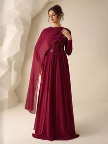 Coutiva Elegant Party Sequin Patchwork Cape Sleeve Dress - Burgundy - View 6