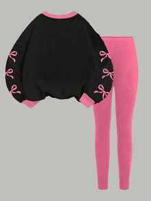 2 pezzi/set Felpa girocollo e leggings casual chic per ragazze pre-adolescenti, con grafica numerica 67 e fiocco, colori rosa e nero, maniche lunghe, abbigliamento comodo da strada, punk, stili caldi e accoglienti per l'autunno e l'inverno, vestiti in stile Y2K - Multicolore - Visualizzare 3