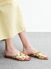 CUCCOO BIZCHIC Dép đế bằng thoáng mát dành cho nữ, kiểu dáng mùa hè, màu vàng kim, đính hạt cườm, thích hợp cho đi chơi hàng ngày, du lịch, nghỉ lễ. - Vàng - Xem 4