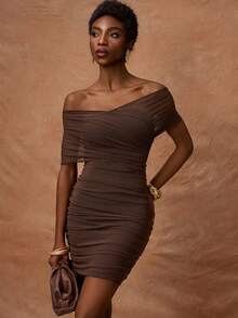 Zivah 2026 Spring/Summer New Valentine's Day, Music Festival, Easter, Western, Boho, Nashville Party, Wedding, Evening, Date, Gathering Off Shoulder Side Ruched Sheer Mesh Fabric Lined Bodycon Mini Dress - Rust Brown - View 7