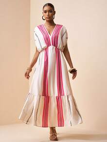 Zivah 2026春夏新品音乐节、复活节、圣帕特里克节、情人节、约会、西部风、游牧风、生日派对、毕业典礼、学院风、学生装、日常休闲、百搭基础款、休闲、度假、邮轮旅行、海滩、日光浴、爆款、街头风、婚礼宾客波西米亚风、通勤、早午餐、机场、派对、假日郊游、办公装、优雅V领短袖长腰褶皱A字印花长裙 - 杏色 - 查看 4