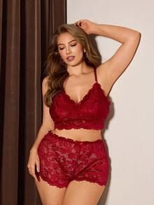 SHEIN 大码蕾丝吊带背心和短裤性感内衣套装 - 酒紅色 - 查看 5