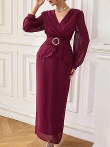 Modelyn 1 Set Women V-Neck Cinched Waist Top With Circular Ring Accent & Skirt, Red - Red - View 6