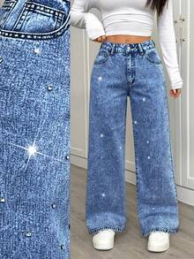 SHEIN PETITE Quần jean ống rộng, dáng rộng, thường ngày, có túi đính đá giả cho nữ - Rửa tối - Xem 2