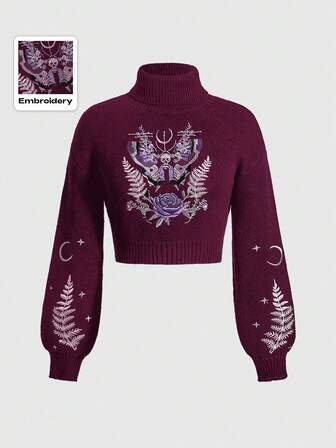 Fairycore Pull col roulé pour femmes avec broderie style fée, papillon, rose, plante, lune et étoile