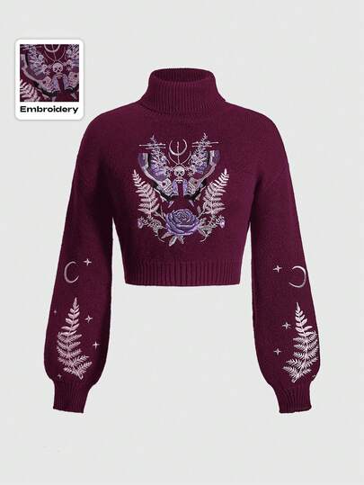 Fairycore Pull col roulé pour femmes avec broderie style fée, papillon, rose, plante, lune et étoile