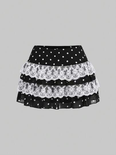 ROMWE Kawaii Women's Retro Polka Dot Lace Trim Mini Skirt, Schoolgirl Style, Low Waist, Suitable For Back To School Season