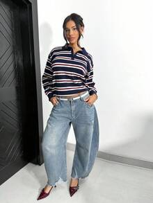 Shopreo Women's Autumn Retro Striped Turtleneck Sweater - Navy Blue - View 1