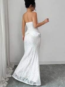 Selianne Satin Strapless Formal Dress, Lace Waist Cincher, Fishtail Hem, Sexy French Elegant Luxurious Party/Date Dress, Slim-Fitting White Gown With Satin Ribbon, Floor-Length Dress - White - View 2