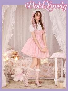 Dola Lovely 女士粉色丝绒时尚经典可爱蝴蝶结学院风洛丽塔风格玛丽珍低跟鞋 - 淺粉色 - 查看 5