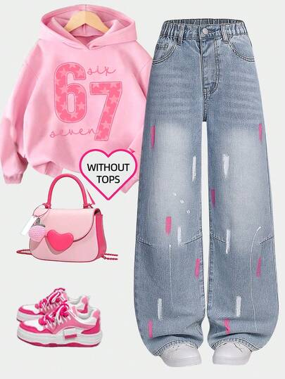 SHEIN ChillGRL Jeans anchos de pierna ancha con bordado de girasol estilo años 70 para niñas preadolescentes, pantalones vaqueros sueltos y rectos con diseño de contraste de color, cómodos y apropiados para primavera, otoño e invierno