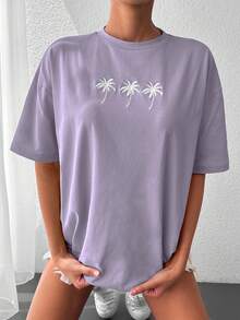Áo thun nữ cỡ lớn màu trơn chất liệu cotton in họa tiết nhiệt đới, kiểu dáng rộng rãi, vai rớt. - Màu Lilac Tím - Xem 3