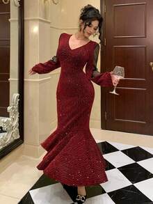 DAZY Robe de soirée élégante de haute qualité style sirène à col en V pour femmes, Jour de la Saint-Valentin - Rouge - Voir 7