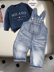 SHEIN Denimoveraller för babypojkar, vintage- och avslappnad stil med justerbara remmar, bokstäver och grafiskt tryck, lämplig för alla årstider - Mediumtvätt - Visa 9