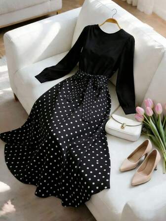 Zielony 女士优雅复古拼接印花中长连衣裙，舒适百搭，适合通勤、社交及休闲场合，秋冬季穿着。