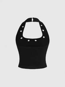 ROMWE Goth Bộ đồ nữ phong cách Y2K gợi cảm, thiết kế hở lưng với dây đeo kim loại và quần short cạp siêu thấp. - màu đen - Xem 8