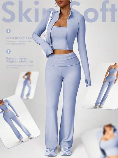 Dewbera 3-delat yoga-träningsset för kvinnor, avslappnad och sexig utomhuslöpningstopp med U-ringning, bekväma leggings med magkontroll, hög hals och tight passform, långärmad jacka med tumhål för fitnesspendling