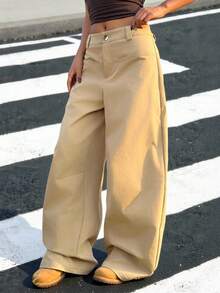 Muchica Women's Casual Khaki Wide Leg Pants For Going Out Outfits, Streetwear, Baggy Pants - Brown - View 3