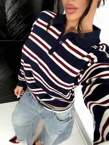 Shopreo Women's Autumn Retro Striped Turtleneck Sweater - Navy Blue - View 6