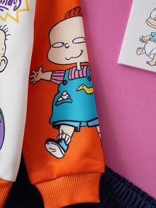 Nick 90s | SHEIN Baby Boy Cartoon Figure Graphic Colorblock Sweatshirt And Navy Blue Dog Dinosaur Print Sweatpants 2-Piece Set, Suitable For Autumn/Winter Fall - Navy Blue - View 6