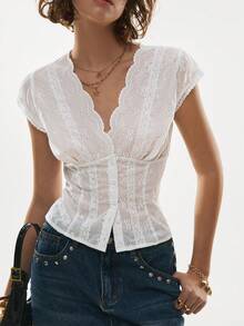 Poéselle 女士时尚法式网纱刺绣纽扣衬衫 - 白色 - 查看 5