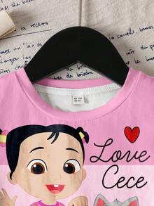 CoComelon X SHEIN Young Girl Casual Everyday Commute Cartoon Heart Print Short Sleeve T-Shirt, Summer - White - View 6