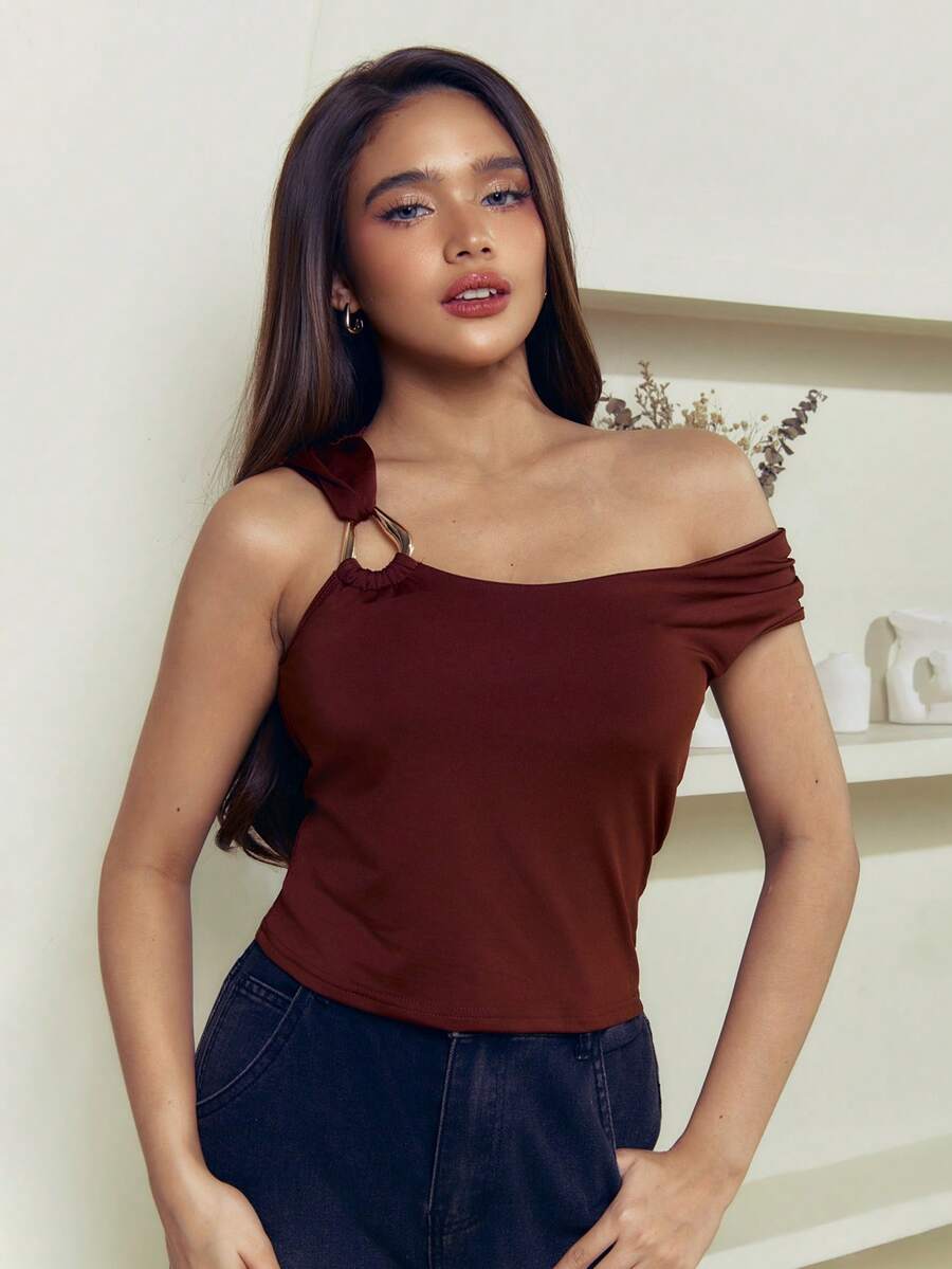 Criza Taa 2 pièces/set T-shirt ajusté à col asymétrique, Top casual polyvalent, printemps/été - Multicolore - Voir 1