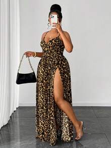 Maweii Plus Size Sexy Leopard Print Off-The-Shoulder Vacation Dress - Brown - View 5