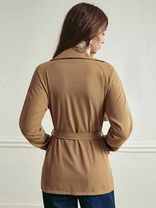 Écloséra 女士纯色双排扣系带长袖风衣 - 棕色 - 查看 6