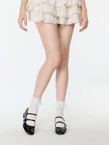 ROMWE Kawaii 女款素色蝴蝶結裝飾蕾絲拼接休閒中筒襪 - 米白色 - 查看 3