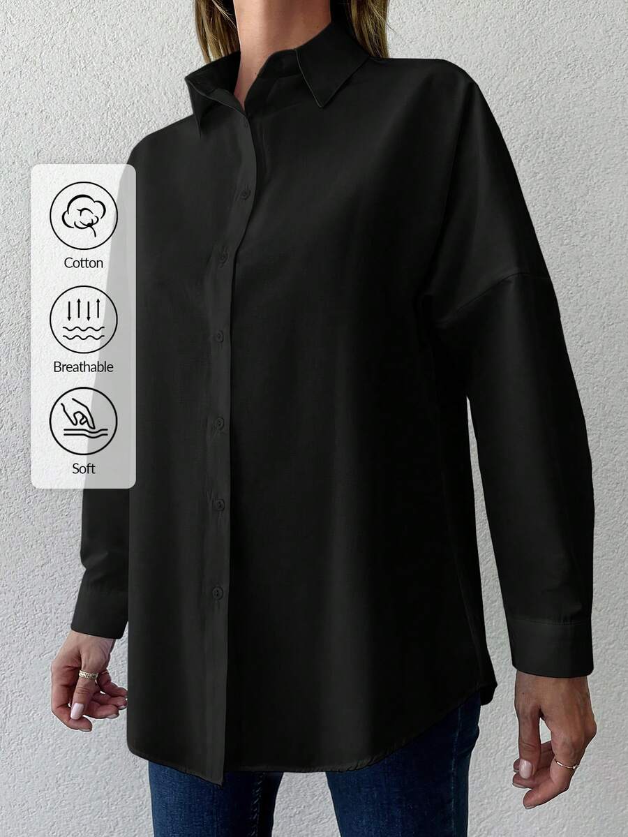 Cloudara Camisa unicolor de hombros caídos - Negro - Ver 1