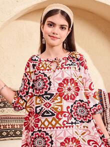 SHEIN Tween Girls All Over Print Flounce Sleeve Flared Hem Long Vacation Dress - Black - View 5