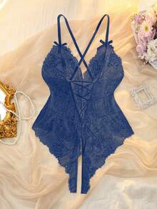 DelicateAllure Đồ lót ren chắp vá gợi cảm cỡ lớn - Màu xanh hải quân - Xem 2